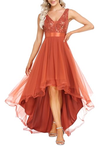 Ever-Pretty Damen V-Ausschnitt A-Linie High Low Empire Tüll Abendkleider Gebrannte Orange 42 von Ever-Pretty