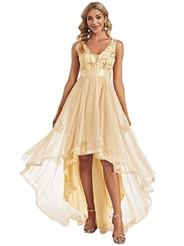 Ever-Pretty Damen V-Ausschnitt A-Linie High Low Empire Tüll Abendkleider Gold 40 von Ever-Pretty