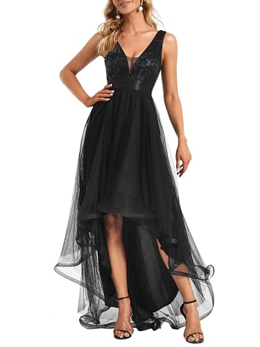 Ever-Pretty Damen V-Ausschnitt A-Linie High Low Empire Tüll Abendkleider Schwarz 40 von Ever-Pretty