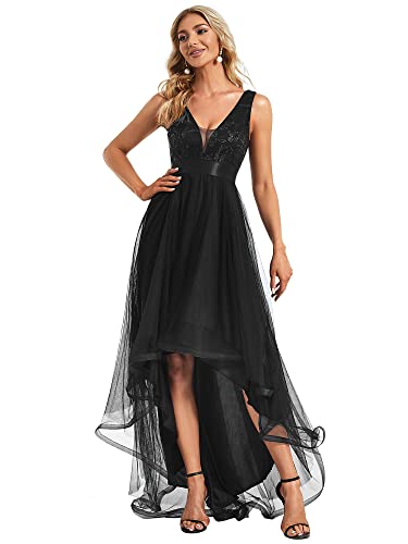 Ever-Pretty Damen V-Ausschnitt A-Linie High Low Empire Tüll Abendkleider Schwarz 46 von Ever-Pretty