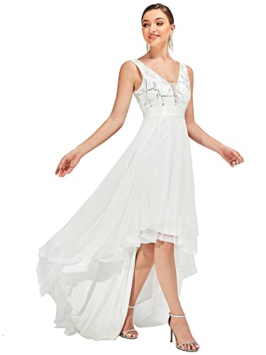 Ever-Pretty Damen V-Ausschnitt A-Linie High Low Empire Tüll Abendkleider Weiß 42 von Ever-Pretty