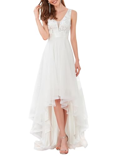 Ever-Pretty Damen V-Ausschnitt A-Linie High Low Empire Tüll Brautkleider Weiß 46 von Ever-Pretty