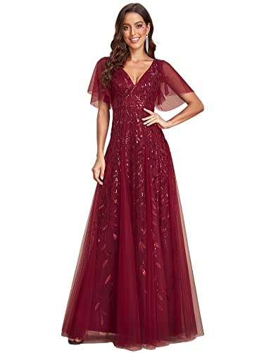 Ever-Pretty Damen V-Ausschnitt A-Linie Kurze Ärmel Maxi Ballkleider Abendkleider Burgund 44 von Ever-Pretty