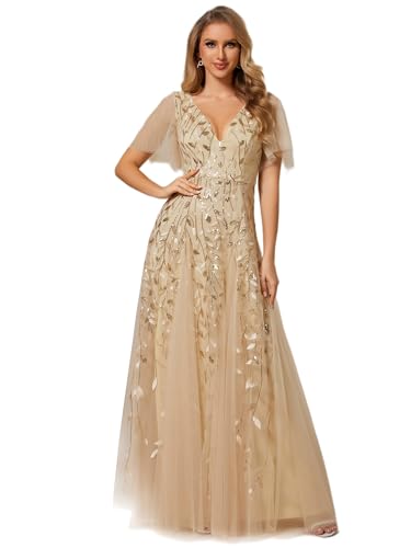 Ever-Pretty Damen V-Ausschnitt A-Linie Kurze Ärmel Maxi Ballkleider Abendkleider Gold 48 von Ever-Pretty
