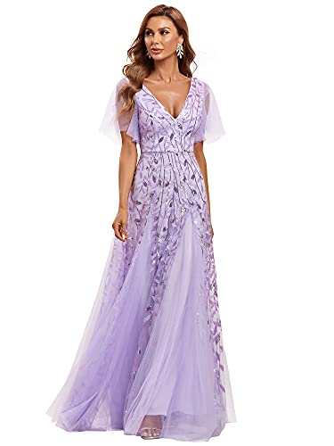 Ever-Pretty Damen V-Ausschnitt A-Linie Kurze Ärmel Maxi Ballkleider Abendkleider Lavendel 42 von Ever-Pretty