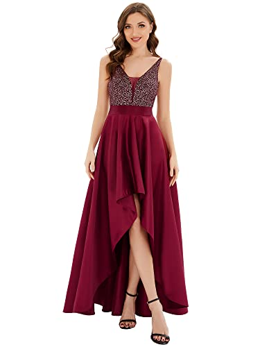 Ever-Pretty Damen V-Ausschnitt Ärmellos High Low Hohe Taille Abendkleider mit Pailletten Burgund 36 von Ever-Pretty