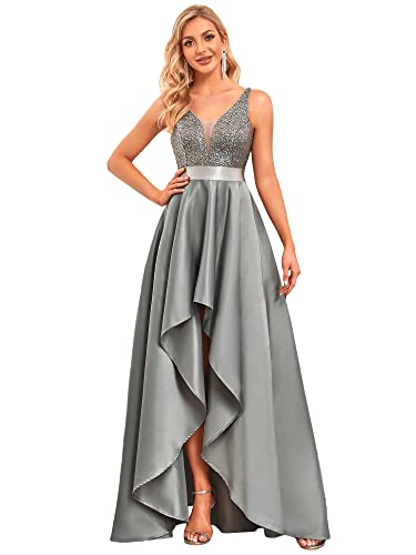 Ever-Pretty Damen V-Ausschnitt Ärmellos High Low Hohe Taille Abendkleider mit Pailletten Grau 36 von Ever-Pretty