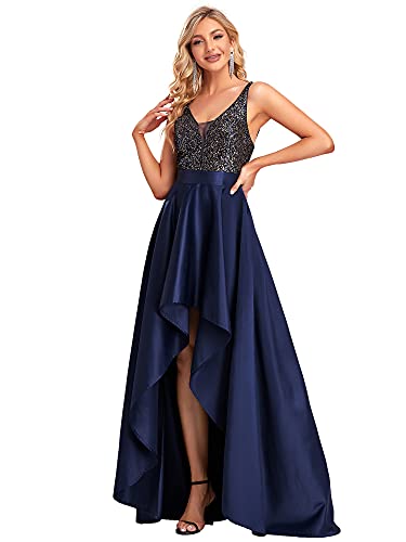 Ever-Pretty Damen V-Ausschnitt Ärmellos High Low Hohe Taille Abendkleider mit Pailletten Navy Blau 36 von Ever-Pretty