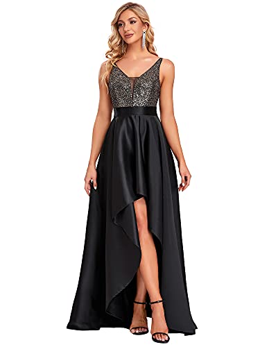 Ever-Pretty Damen V-Ausschnitt Ärmellos High Low Hohe Taille Cocktailkleider mit Pailletten Schwarz 48 von Ever-Pretty