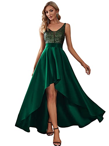 Ever-Pretty Damen V-Ausschnitt Ärmellos High Low Hohe Taille Partykleid mit Pailletten Dunkelgrün 52 von Ever-Pretty