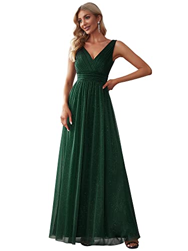 Ever-Pretty Damen V-Ausschnitt Ärmellos Hohe Taille Glitzer Elegant Lang Ballkleid Dunkelgrün 40 von Ever-Pretty