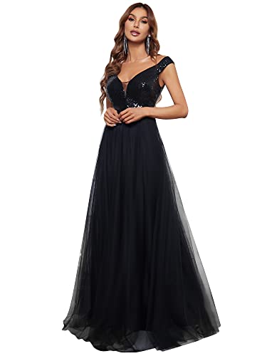 Ever-Pretty Damen V-Ausschnitt Ärmellos Off Shoulder Empire Taille A Linie Bodenlange Tüll Pailletten Formale Kleidung Schwarz 46EU von Ever-Pretty