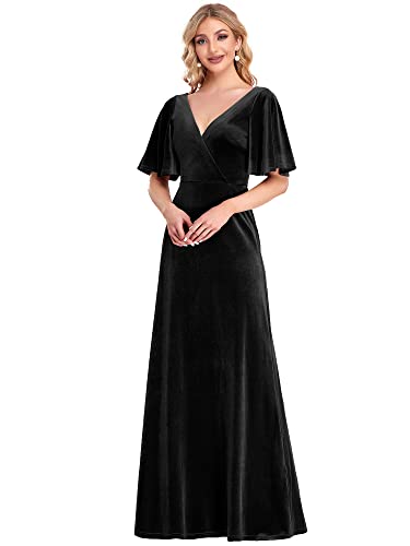 Ever-Pretty Damen V-Ausschnitt Kurze Ärmel Hohe Taille Elegant Maxi Samt Abendkleider Schwarz 38EU von Ever-Pretty