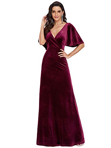 Ever-Pretty Damen V-Ausschnitt Kurze Ärmel Hohe Taille Samt Elegant Maxi Ballkleid Burgund 50 von Ever-Pretty