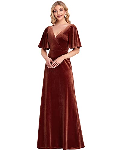 Ever-Pretty Damen V-Ausschnitt Kurze Ärmel Hohe Taille Samt Elegant Maxi Brautjungfernkleider Ziegelrot 40 von Ever-Pretty