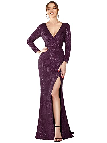 Ever-Pretty Damen V-Ausschnitt Langarm Side Split Pailletten Maxi-Kleid Ballkleider Abendkleider Dunkelviolett 36 von Ever-Pretty