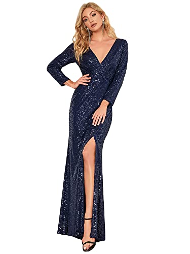 Ever-Pretty Damen V-Ausschnitt Langarm Side Split Pailletten Maxi-Kleid Ballkleider Abendkleider Navy Blau 40 von Ever-Pretty