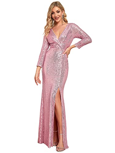 Ever-Pretty Damen V-Ausschnitt Langarm Side Split Pailletten Maxi-Kleid Ballkleider Abendkleider Orchidee 38 von Ever-Pretty