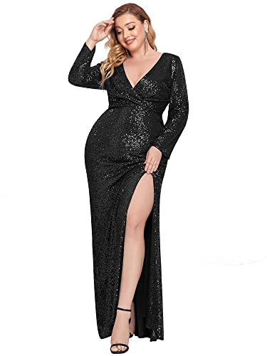 Ever-Pretty Damen V-Ausschnitt Lange Ärmel Elegant Meerjungfrau Pailletten große Größe Abendkleid Schwarz 50 von Ever-Pretty