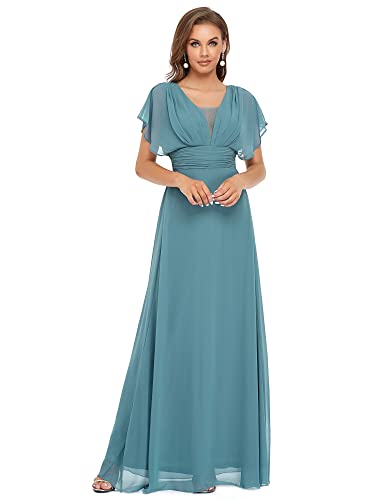 Ever-Pretty Damen V-Ausschnitt Lotusblattärmel Hohe Taille Chiffon Elegant Maxi Abendkleider Staubiges Blau 36 von Ever-Pretty