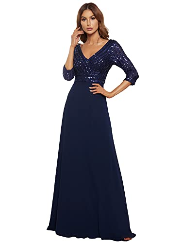 Ever-Pretty Damen V-Ausschnitt Pailletten Lange Ärmel Abendkleider Bodenlang A-Linie Elegant Chiffon Navy Blau 36 von Ever-Pretty