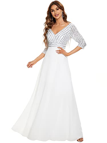 Ever-Pretty Damen V-Ausschnitt Pailletten Lange Ärmel Brautjungfernkleider Bodenlang A-Linie Elegant Chiffon Weiß 48 von Ever-Pretty