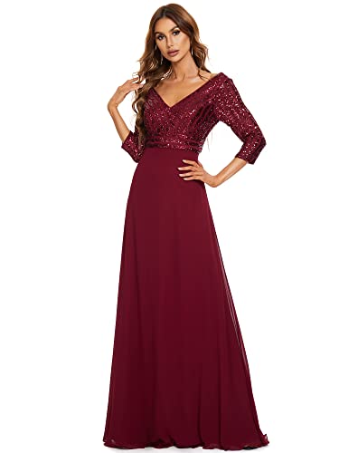 Ever-Pretty Damen V-Ausschnitt Pailletten Lange Ärmel Partykleider Bodenlang A-Linie Elegant Chiffon Burgund 44 von Ever-Pretty