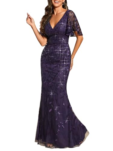 Ever-Pretty Damen V-Ausschnitt Rüschen Kurze Ärmel Pailletten Maxi Meerjungfrau Abendkleider Dunkelviolett 36 von Ever-Pretty