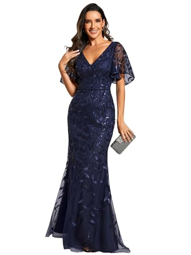Ever-Pretty Damen V-Ausschnitt Rüschen Kurze Ärmel Pailletten Maxi Meerjungfrau Abendkleider Navy Blau 40 von Ever-Pretty