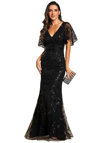 Ever-Pretty Damen V-Ausschnitt Rüschen Kurze Ärmel Pailletten Maxi Meerjungfrau Abendkleider Schwarz 52 von Ever-Pretty