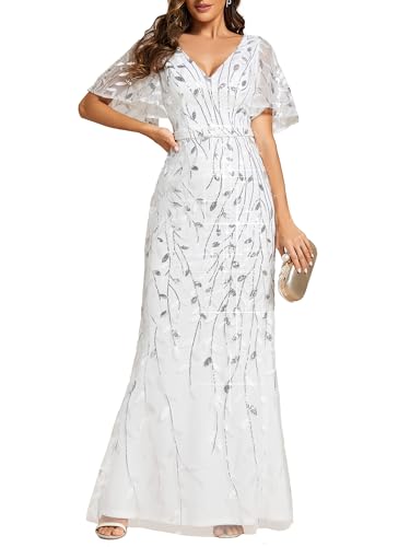 Ever-Pretty Damen V-Ausschnitt Rüschen Kurze Ärmel Pailletten Maxi Meerjungfrau Abendkleider Weiß 42 von Ever-Pretty