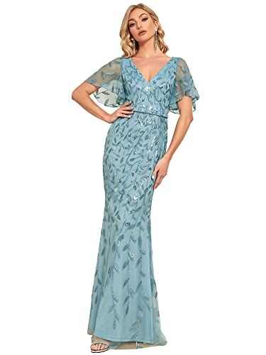 Ever-Pretty Damen V-Ausschnitt Rüschen Kurze Ärmel Pailletten Maxi Meerjungfrau Partykleider Staubiges Blau 46 von Ever-Pretty