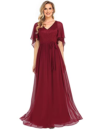 Ever-Pretty Damen V-Ausschnitt Rüschenärmel Hohe Taille A-Linie Bodenlang Elegant Chiffon Große Größe Abendkleider Burgund 40 von Ever-Pretty