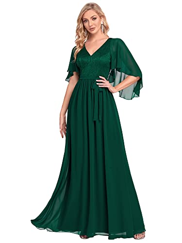 Ever-Pretty Damen V-Ausschnitt Rüschenärmel Hohe Taille A-Linie Bodenlang Elegant Chiffon Große Größe Ballkleider Dunkelgrün 42 von Ever-Pretty