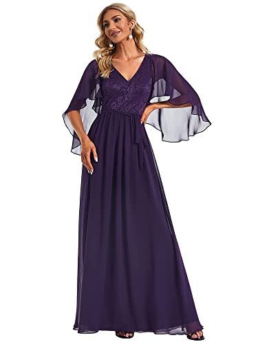 Ever-Pretty Damen V-Ausschnitt Rüschenärmel Hohe Taille A-Linie Bodenlang Elegant Chiffon Große Größe Ballkleider Dunkelviolett 46 von Ever-Pretty