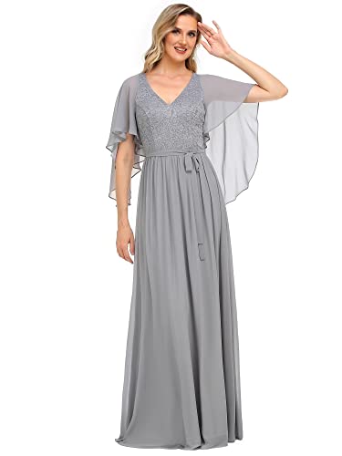 Ever-Pretty Damen V-Ausschnitt Rüschenärmel Hohe Taille A-Linie Bodenlang Elegant Chiffon Große Größe Ballkleider Grau 38 von Ever-Pretty