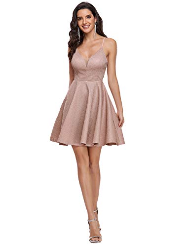 Ever-Pretty Damen V-Ausschnitt Verstellbare Spaghettiträger Ärmellose Pailletten Sexy A Line Mini Festliches Kleider Erröten 40EU von Ever-Pretty