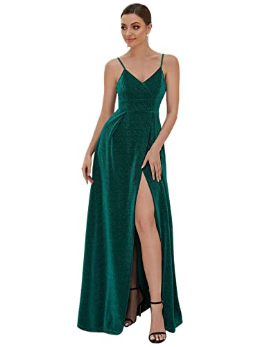 Ever-Pretty Damen Verstellbare Spaghetti-Träger V-Ausschnitt Bodenlang A-Linie Hochzeitskleider Dark Green 46EU von Ever-Pretty