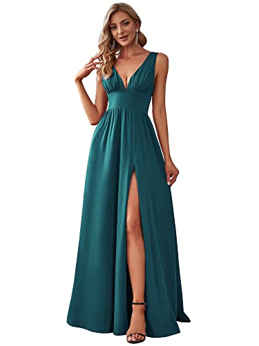 Ever-Pretty Damen lang Hohe Dehnung Asymmetrisch Dekolletiert V-Ausschnitt A-Linie Bodenlangen Ballkleider Blaugrün 56EU von Ever-Pretty