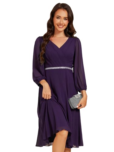 Ever-Pretty Elegantes Abendkleid Midi Kleid Mit Langen Ärmeln Cocktailkleider für Frauen Hochzeitsgastkleider Dunkelviolett 48 von Ever-Pretty