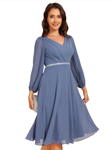Ever-Pretty Elegantes Abendkleid Midi Kleid Mit Langen Ärmeln Cocktailkleider für Frauen Hochzeitsgastkleider Staubige Marine 46 von Ever-Pretty