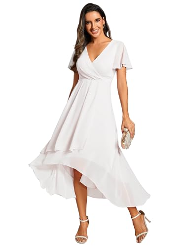 Ever-Pretty Hochzeit Gast Kleider High Low A-Linie V Kurze Ärmel V Ausschnitt Elegante Brautjungfernkleid Weiß 38 von Ever-Pretty