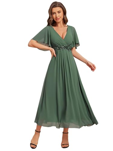 Ever-Pretty Hochzeitsgast Kleid Damen Applikation Rüschenärmel V-Ausschnitt Empire-Stil Chiffon EG02093, Eukalyptus-Grün, 40 von Ever-Pretty