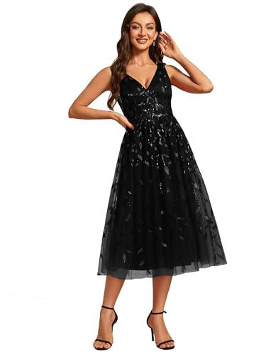 Ever-Pretty Hochzeitsgast Kleid Damen rückenfrei Pailletten Blatt V-Ausschnitt Empire-Taille Linie Elegante Damenkleid Zeremonie Glänzend EG02106, Schwarz , 38 von Ever-Pretty