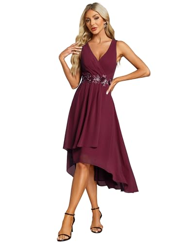 Ever-Pretty Hochzeitsgastkleid Gaze V-Ausschnitt Elegant Midi Ärmellos Cocktailkleider Midi Unregelmäßiger Rock Burgund 40 von Ever-Pretty