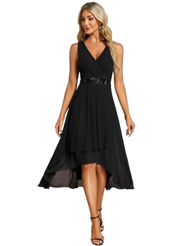 Ever-Pretty Hochzeitsgastkleid Gaze V-Ausschnitt Elegant Midi Ärmellos Cocktailkleider Midi Unregelmäßiger Rock Schwarz 46 von Ever-Pretty