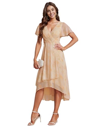 Ever-Pretty Hochzeitsgastkleid V Ausschnitt Gerüschte Ärmelränder Damen Elegante Empire Taille Brautjungfer Kleider Chic Goldene Rose 42 von Ever-Pretty