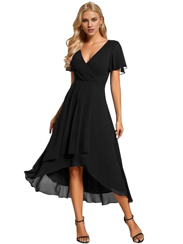 Ever-Pretty Hochzeitsgastkleid V Ausschnitt Gerüschte Ärmelränder Damen Elegante Empire Taille Brautjungfer Kleider Chic Schwarz 40 von Ever-Pretty