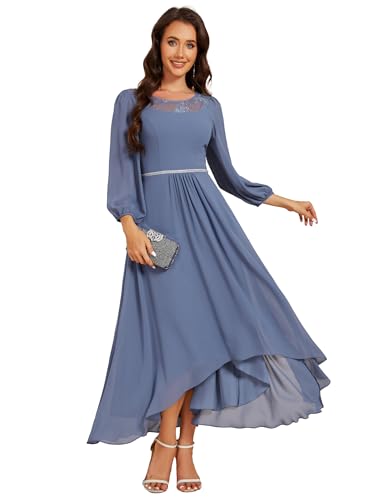 Ever-Pretty Hochzeitskleider für Damen Gast Abendkleid a Linie Chiffon Kleider Elegant Hoch-Tief Midi Staubige Marine 42 von Ever-Pretty
