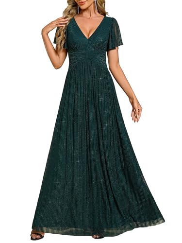 Ever-Pretty Kleid Elegant Damen Festlich Lang Ballkleid Maxi Hell Abendkleider Elegant für Hochzeit A Line Kurze Ärmel Blaugrün 56 von Ever-Pretty